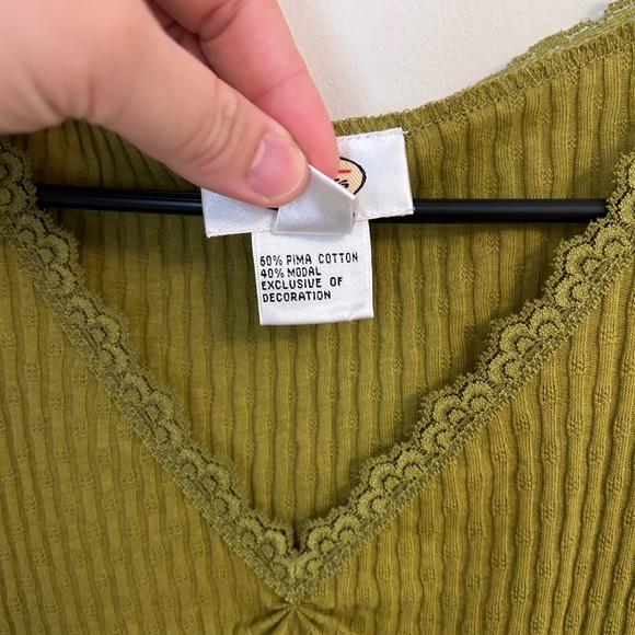 Talbots‎ Knit Top Sz L Green Lace Trim V Neck Ruched Pima Cotton Modal Fitted - Picture 3 of 7